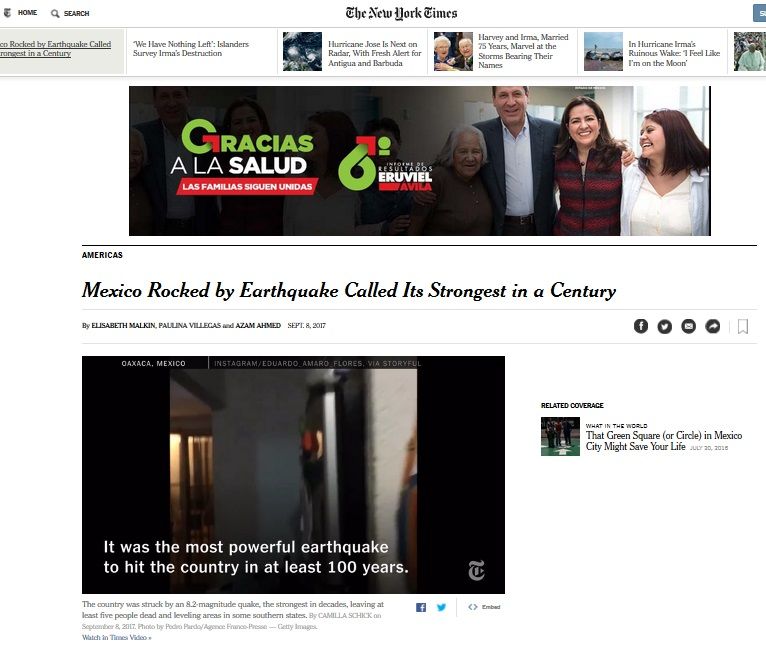 Medios internacionales destacan sismo en México - reacciones-sismo-nyt