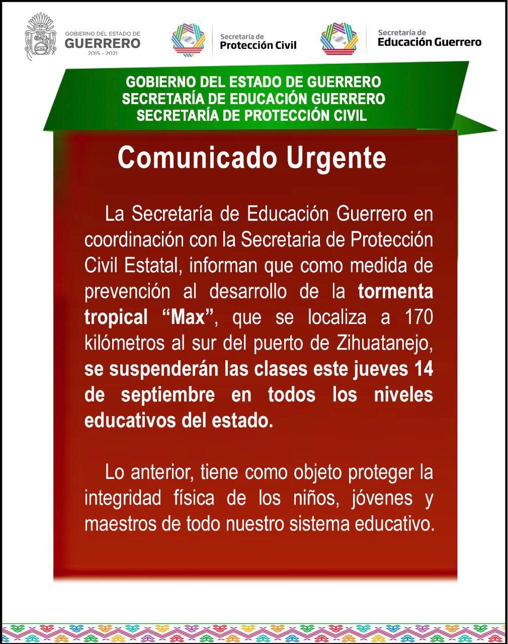 Suspenden clases en Guerrero por huracán Max - suspension-clases-guerrero