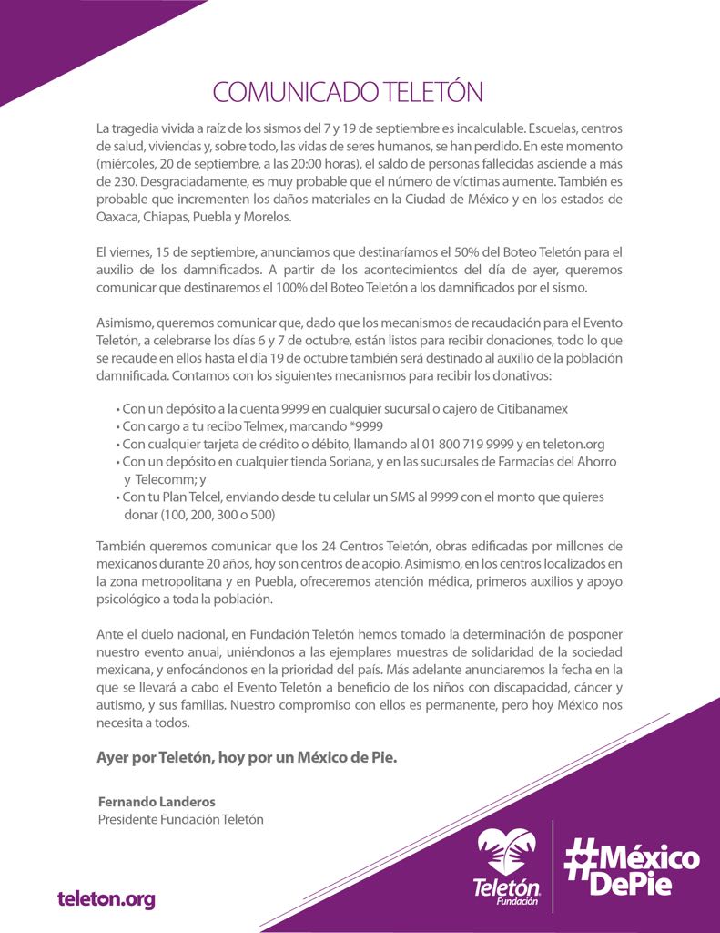 Teletón destinará recaudaciones a damnificados por sismo - telefon-comunicado