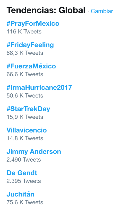 #PrayForMexico encabeza las tendencias mundiales en Twitter - twitter