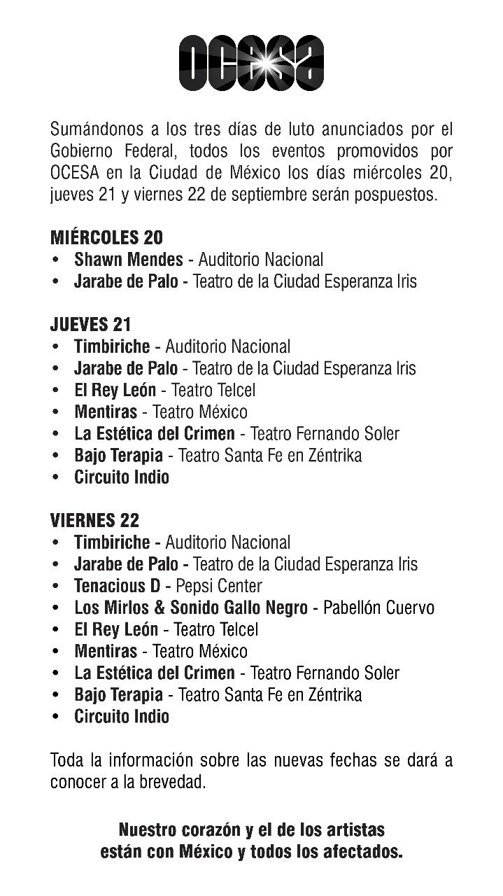 OCESA da a conocer conciertos pospuestos tras sismo - unnamed