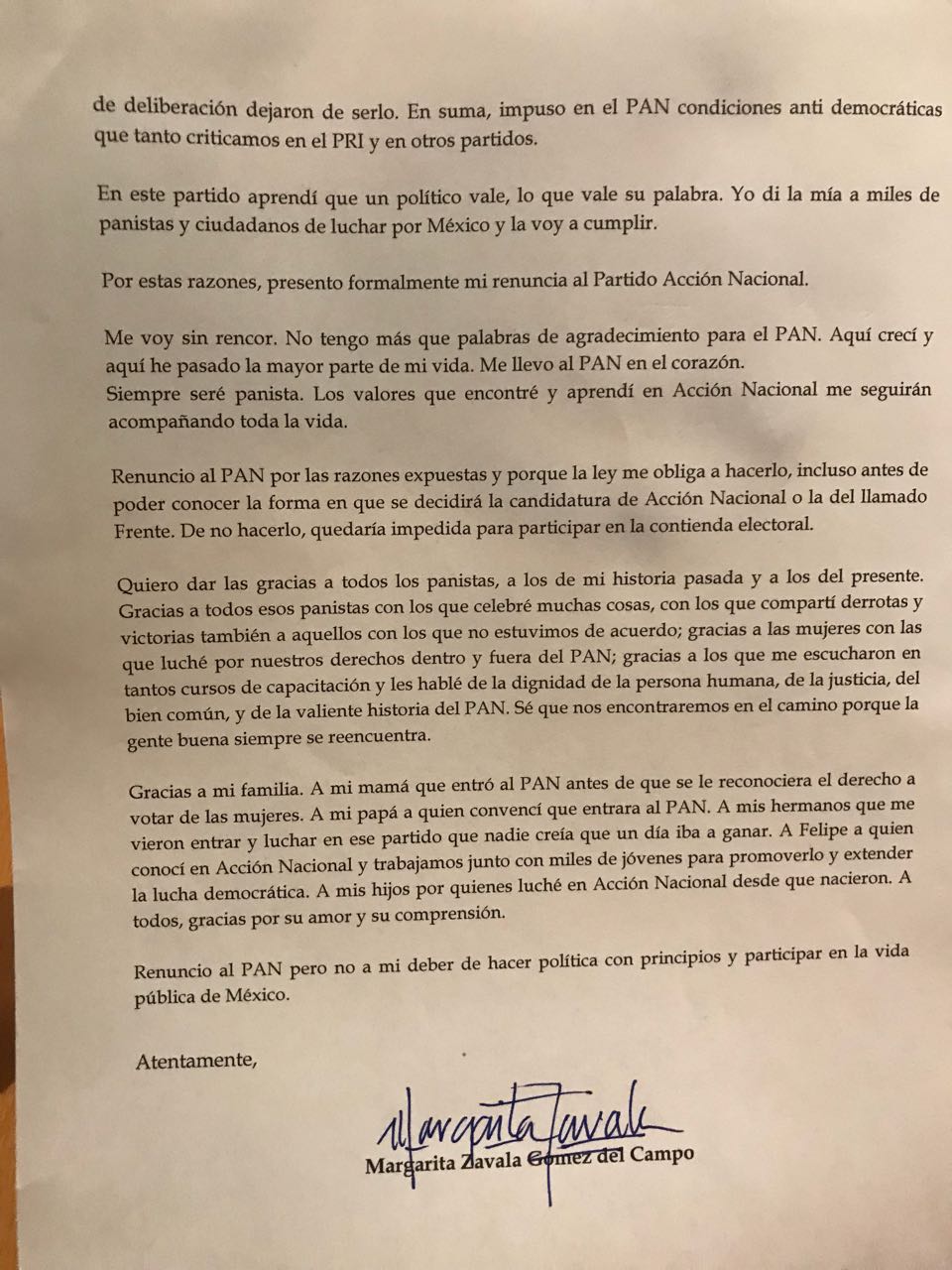 Margarita confirma su renuncia al PAN y anuncia su candidatura presidencial como independiente - Carta-Renuncia-Margarita-Zavala-PAN