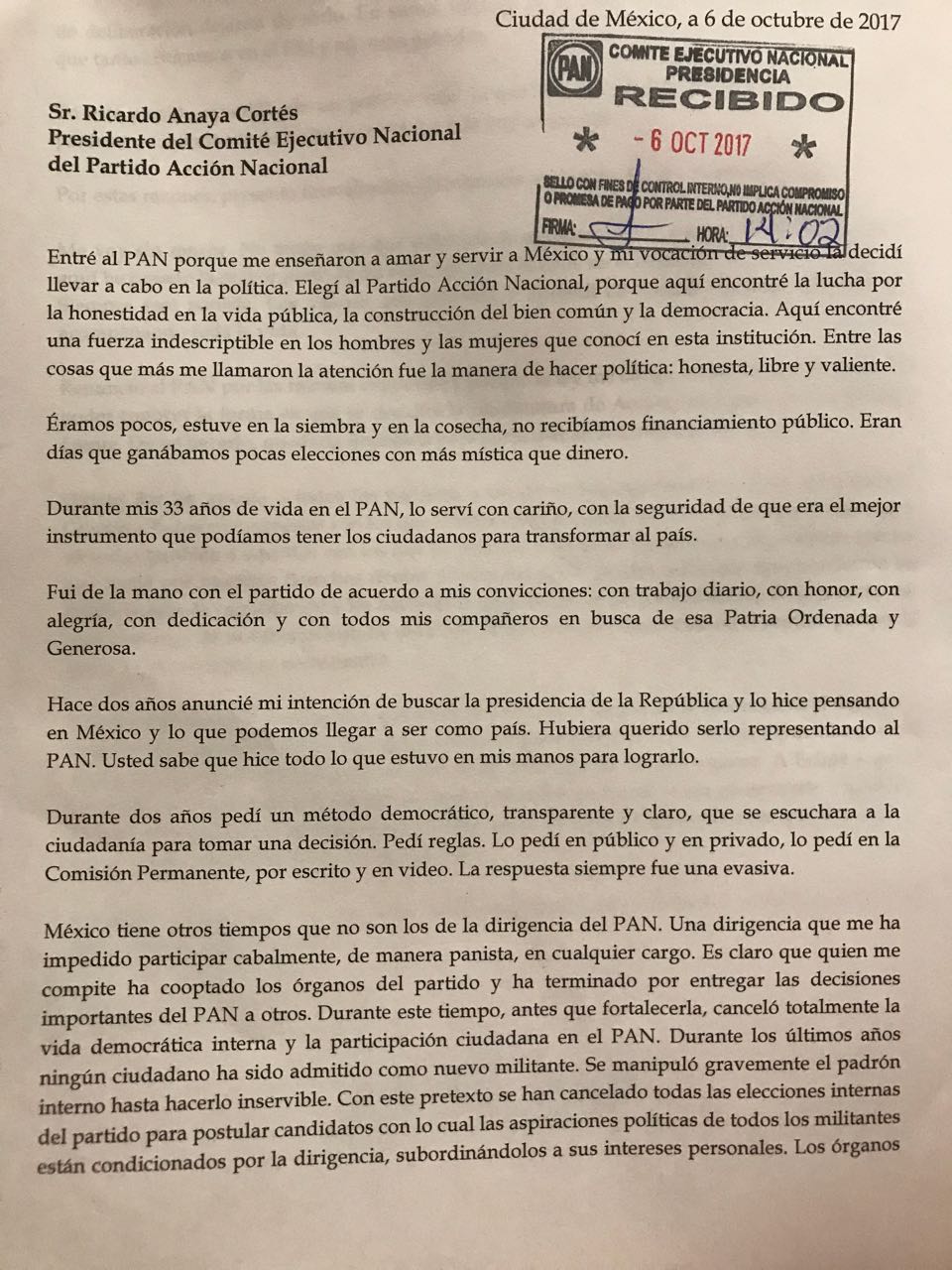 Margarita confirma su renuncia al PAN y anuncia su candidatura presidencial como independiente - Carta-de-Renuncia-Margarita-Zavala