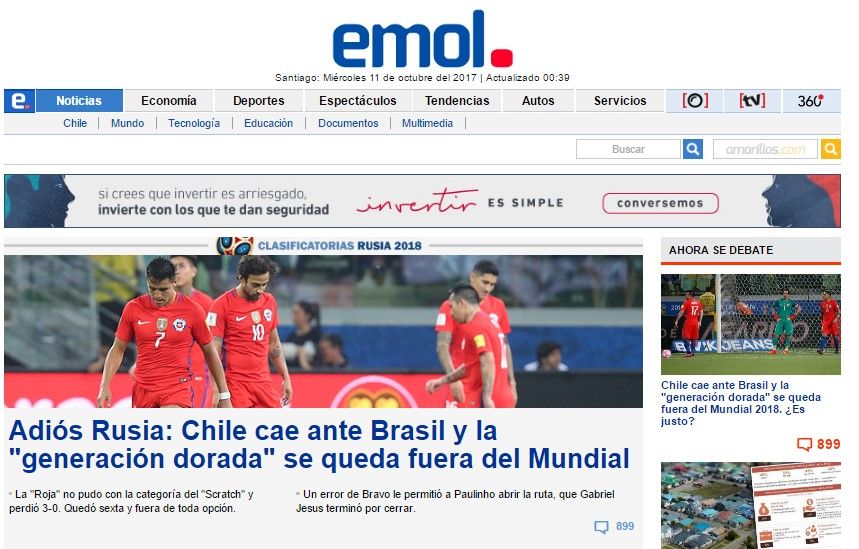 Eliminación de La Roja en las portadas de medios chilenos - Chile-Portada-El-Mercurio