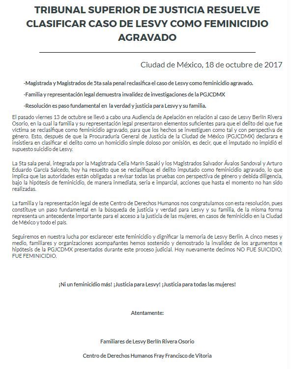 Reclasifican como feminicidio caso de joven Lesvy - Comunicado-Feminicidio-Lesvy-Osorio