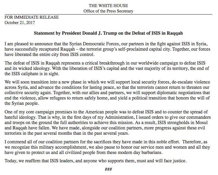 "El final del califato del Estado Islámico está a la vista": Trump - Trump-liberación-de-Raqqa