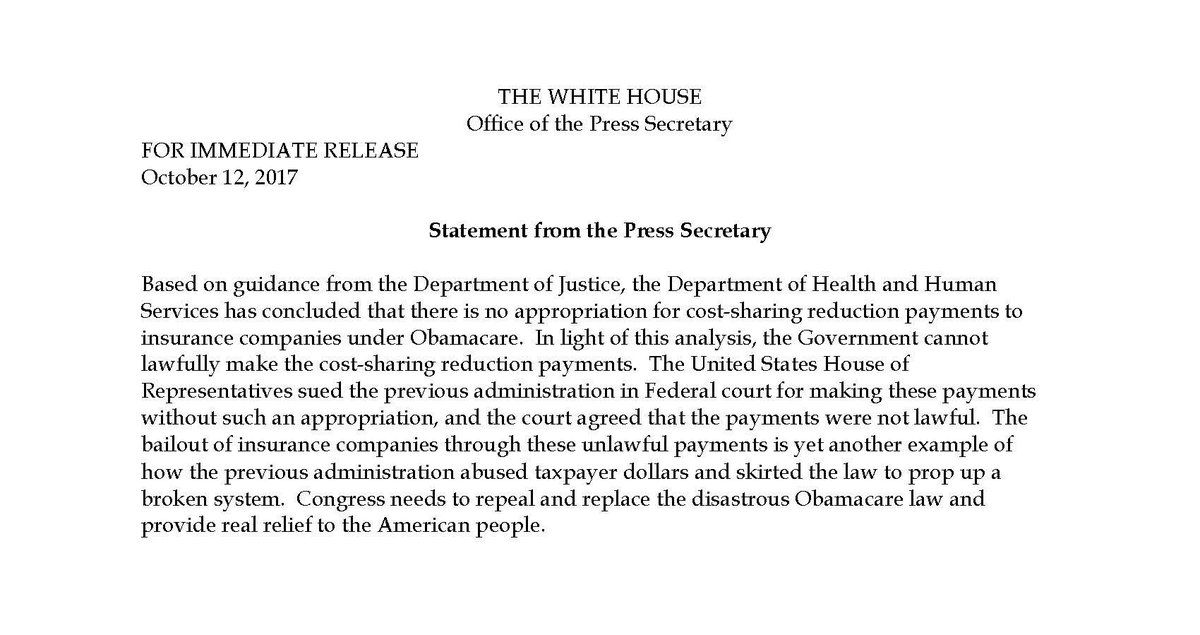 Trump suspenderá subsidios a los seguros del Obamacare - White-House
