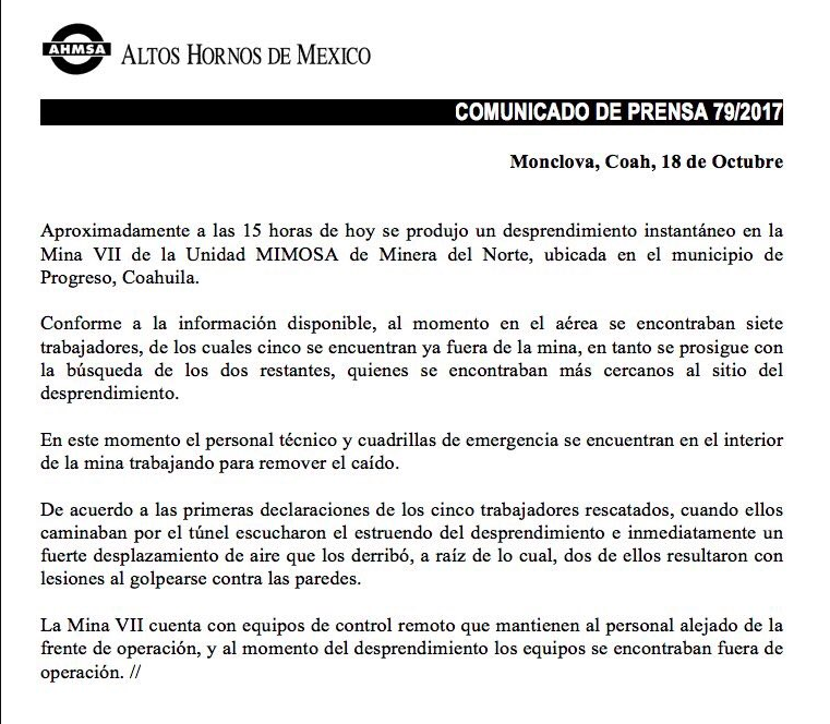 Derrumbe en mina deja cuatro muertos en Coahuila - altos-hornos-de-méxico