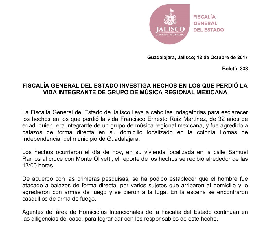 Vocalista de Cuisillos fue asesinado de forma directa - boletin