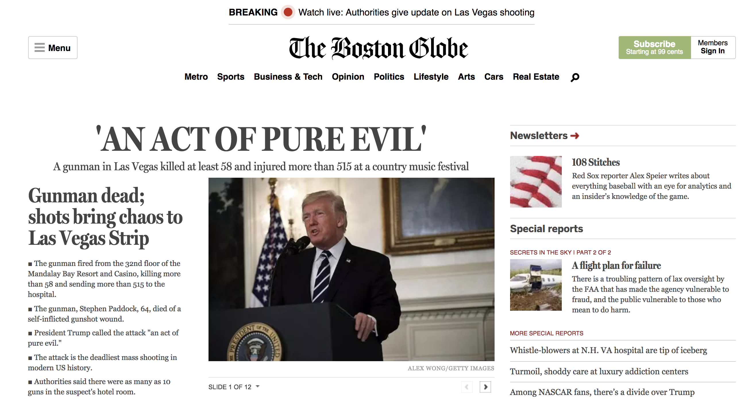 La reacción de los medios en el mundo por el ataque en Las Vegas - boston-globe