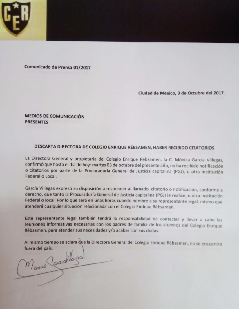 PGJ revela citatorio enviado a directora de colegio Rébsamen - carta-rébsamen