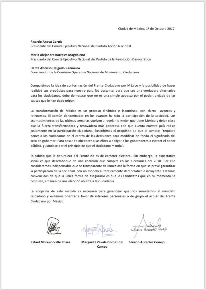 Zavala, Aureoles y Moreno Valle piden una elección abierta ciudadana para elegir candidato - carta