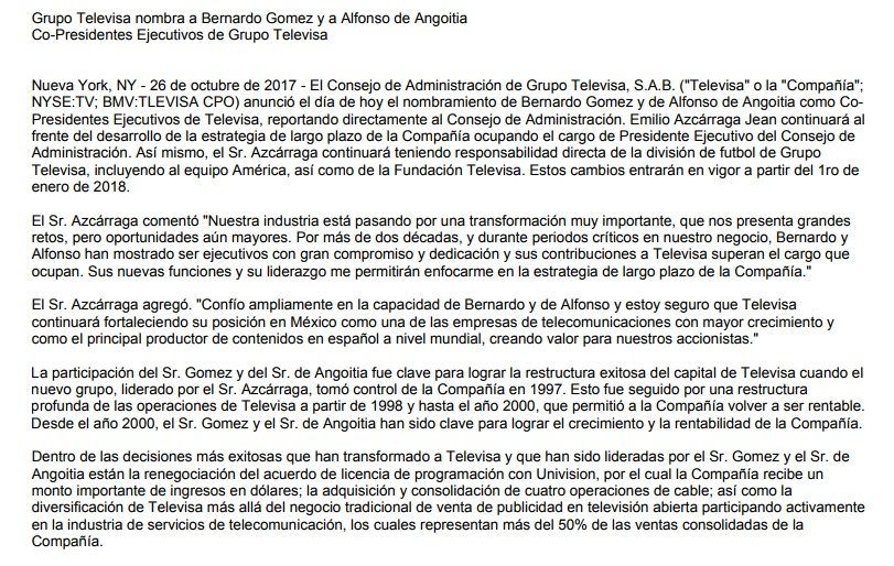 Emilio Azcárraga deja la dirección general de Televisa - comunicado-azcarraga-televisa-e1509042447670
