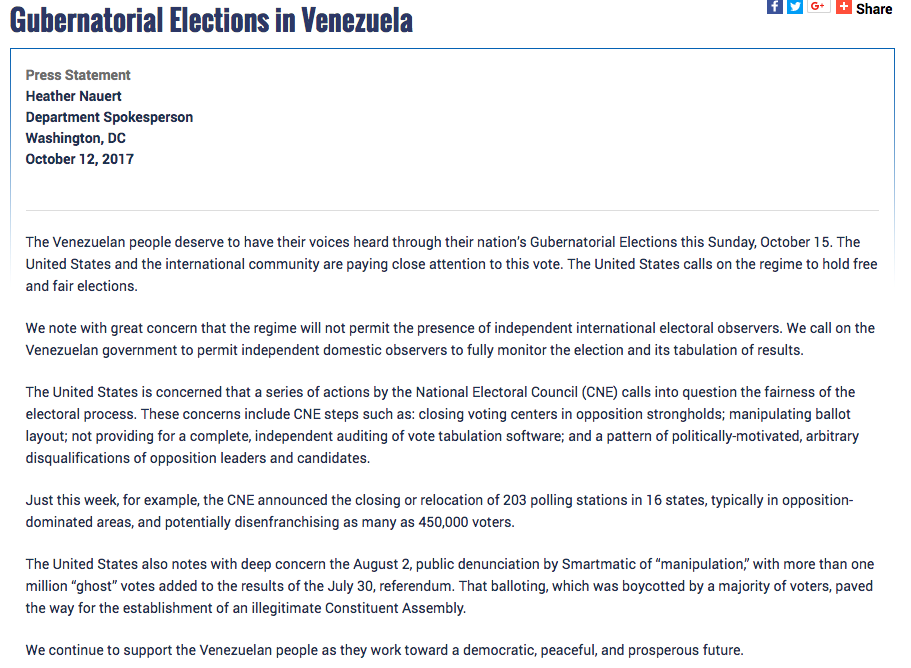 Estados Unidos fija su postura ante elecciones de Venezuela - comunicado