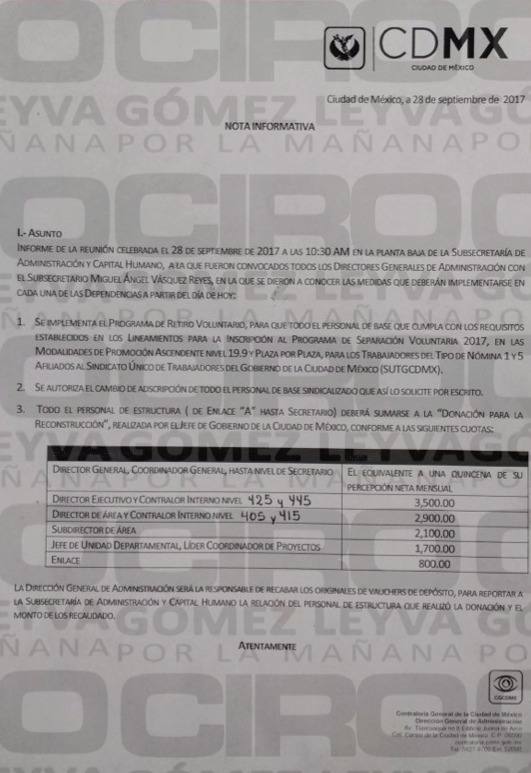 Descontarán sueldo a funcionarios de CDMX para reconstrucción - documento-donacion-funconarios