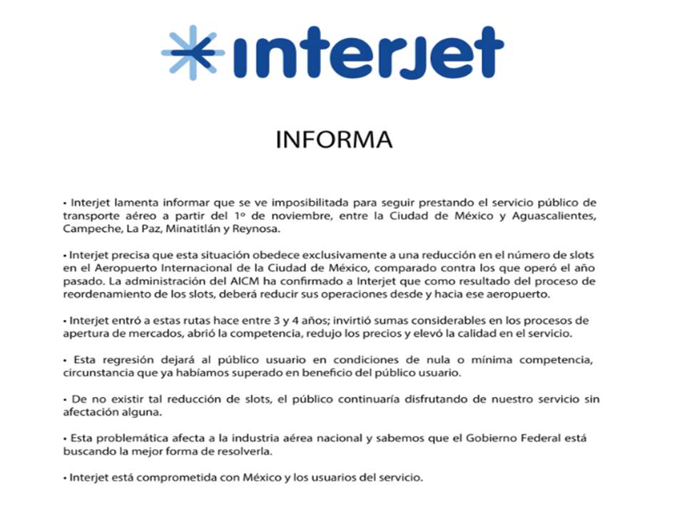 Interjet dejará de prestar servicio en cinco ciudades de México - interjet-comunicado-vuelos