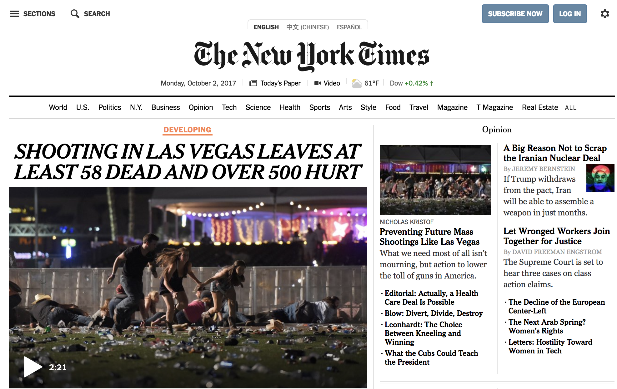 La reacción de los medios en el mundo por el ataque en Las Vegas - newyorktimes