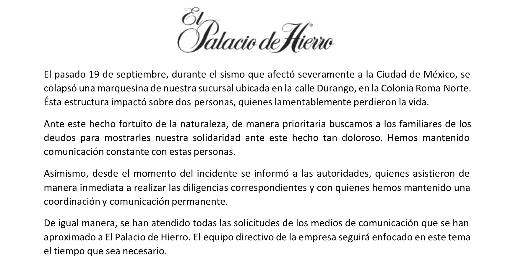 Viuda de víctima en Palacio de Hierro no ha recibido ayuda - palacio-de-hierro-comunicado