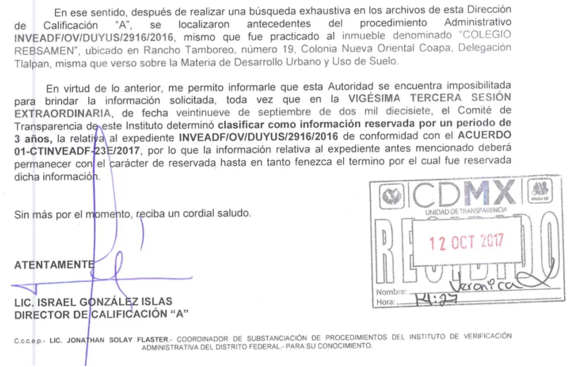 Invea ordenó guardar por 3 años información del Colegio Rébsamen - respuesta-invea