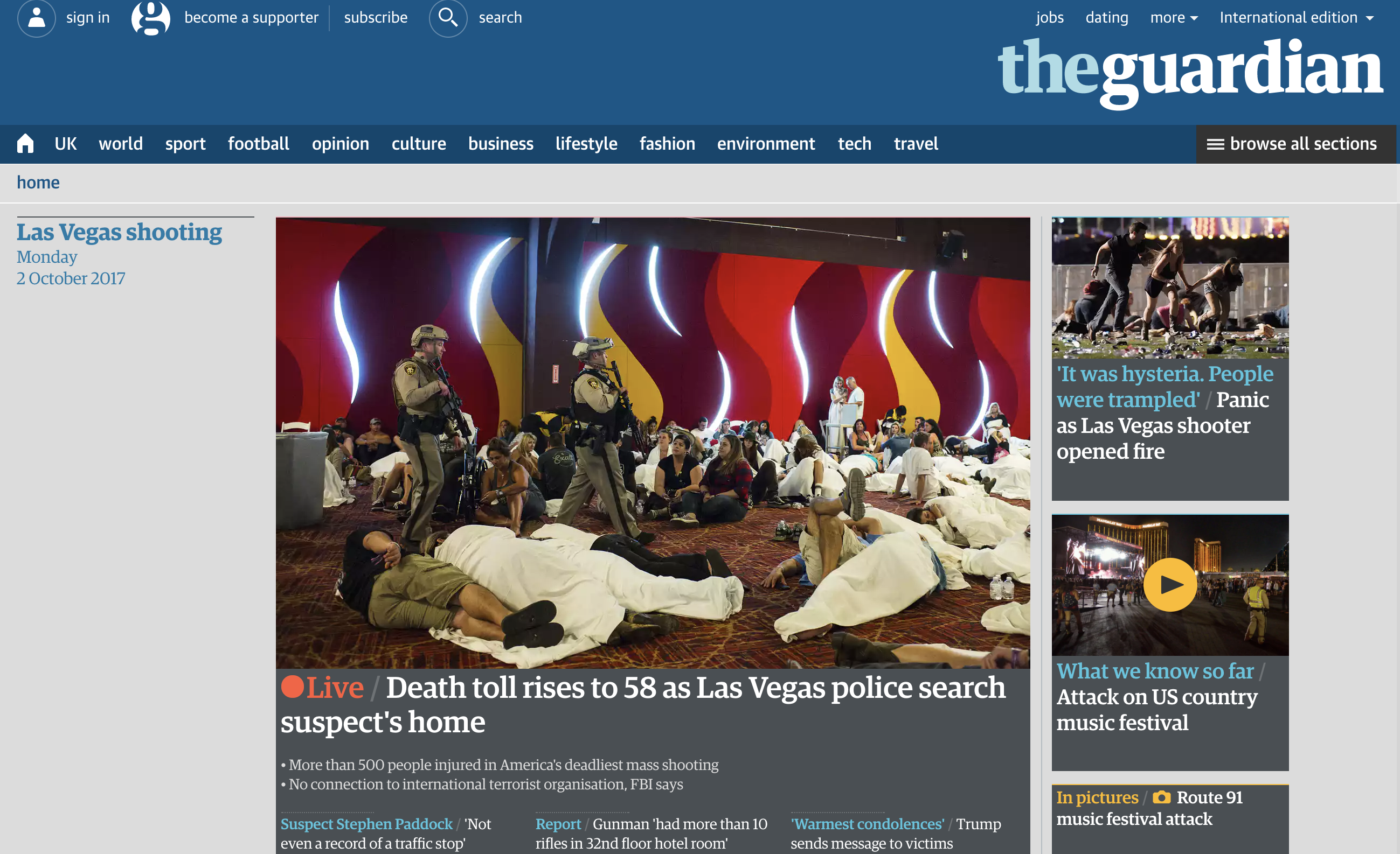 La reacción de los medios en el mundo por el ataque en Las Vegas - the-guardian