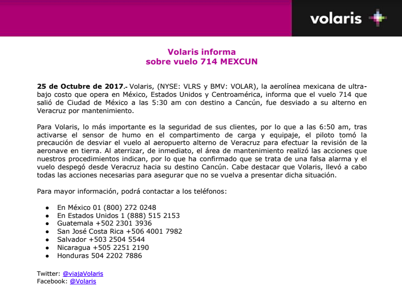 Avión de Volaris aterriza de emergencia en Veracruz - volaris-comunicado
