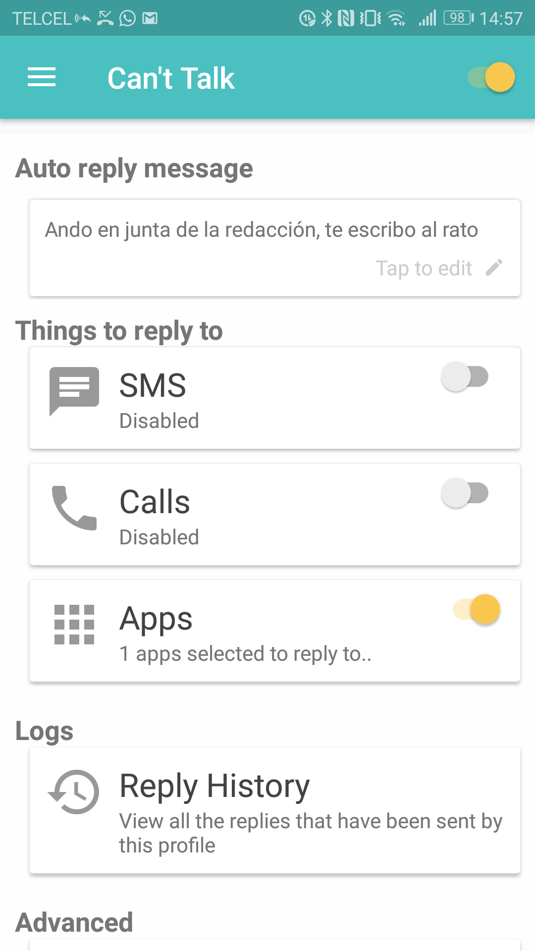 ‘Can’t Talk’, la nueva app que contesta automáticamente en WhatsApp - Screenshot_20171109-145744