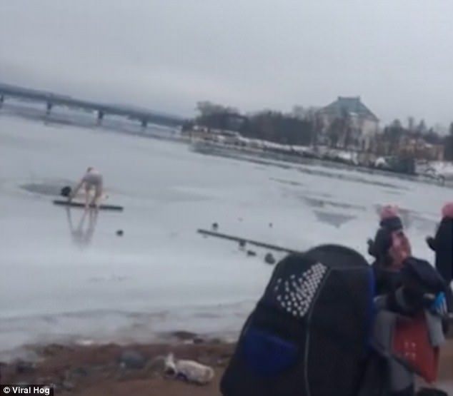 #Video Hombre atraviesa lago congelado para rescatar a perro en Rusia