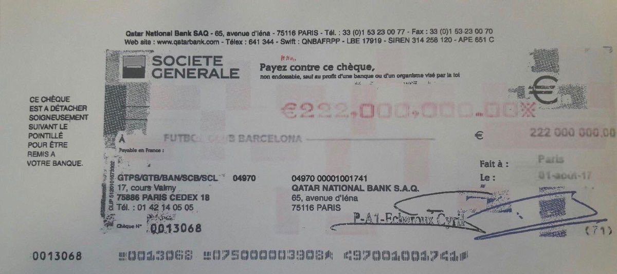 Abogado exhibe cheque por 222 mde que Neymar pagó al Barcelona