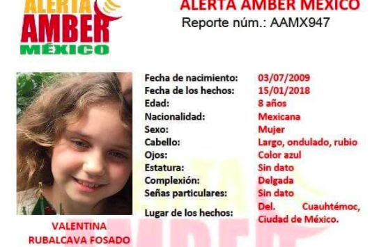 Activan alerta Amber por desaparición de Valentina Rubalcava