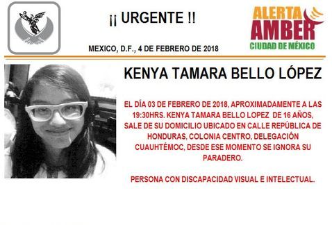 Alerta Amber por menor desaparecida en colonia Centro