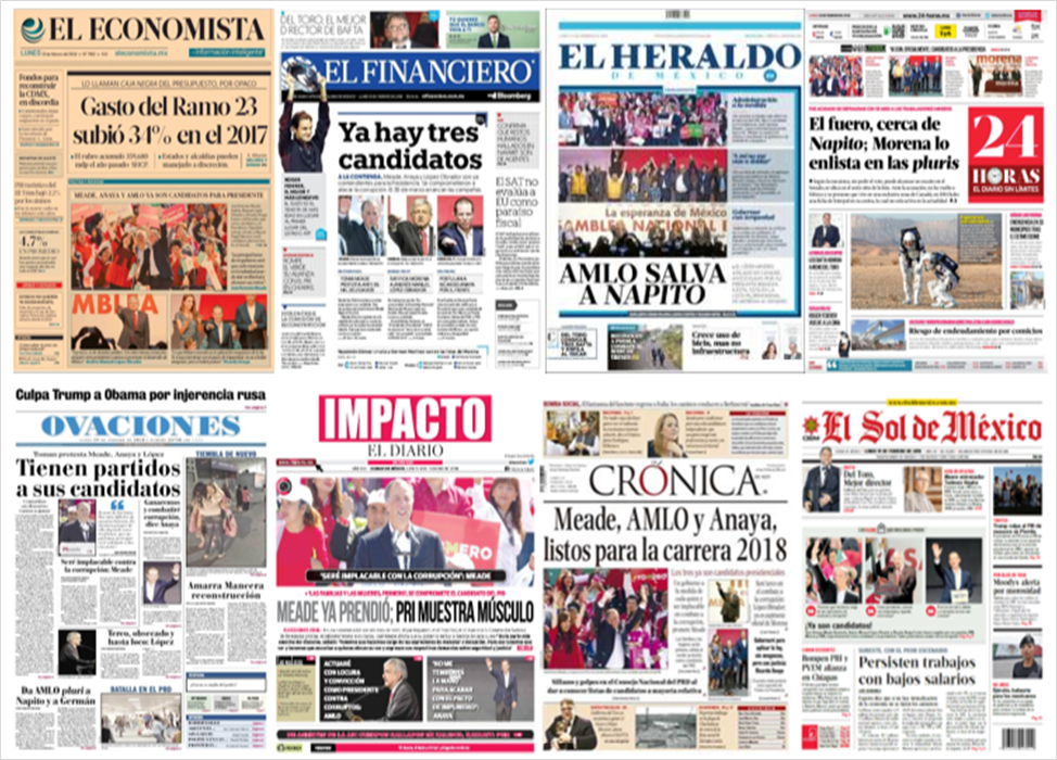Meade, AMLO y Anaya en las primeras planas de los periódicos