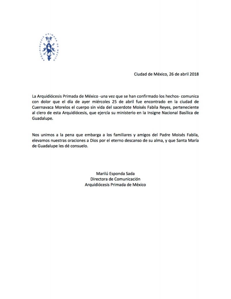 Hallan muerto a sacerdote de la Basílica de Guadalupe - comunicado-sacerdote-muerto-791x1024