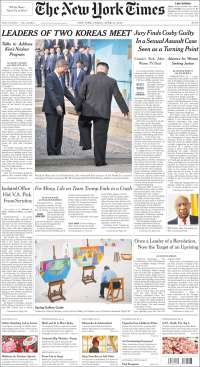 Reunión entre Kim Jong-un y Moon Jae-in acaparan las primeras planas - portadas-27-abr-nyt