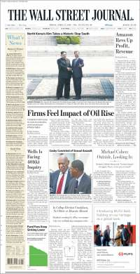 Reunión entre Kim Jong-un y Moon Jae-in acaparan las primeras planas - portadas-27-abr-wsj