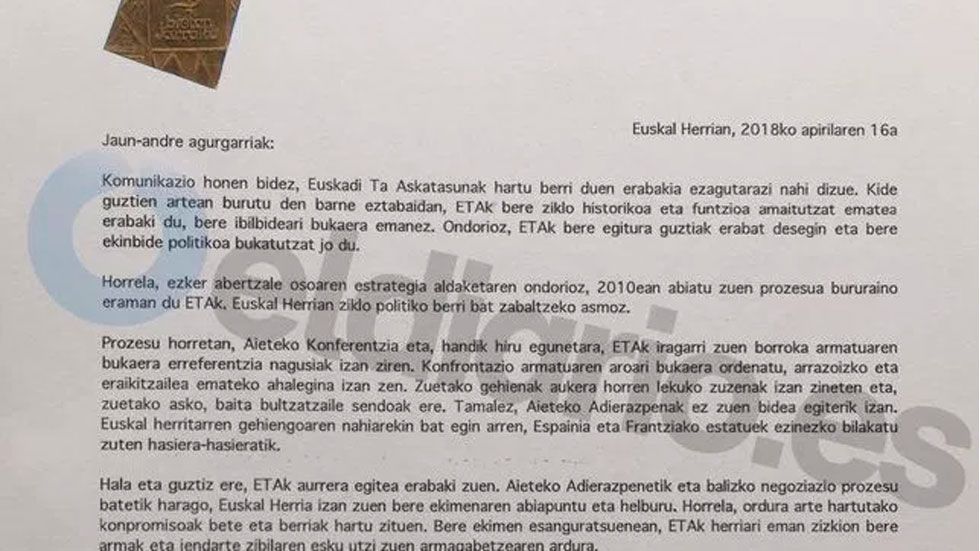 ETA confirma disolución de todas sus estructuras - carta-eta
