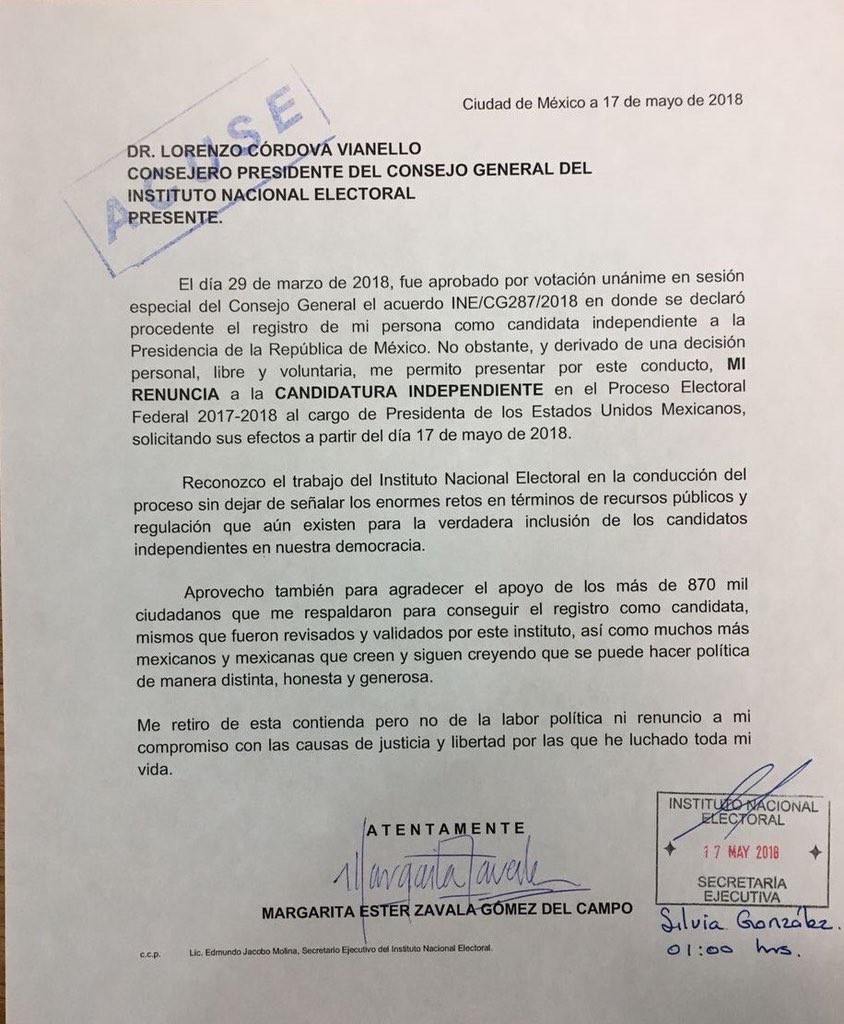 Margarita Zavala formaliza su renuncia a candidatura independiente - carta-renuncia-margarita-zavala