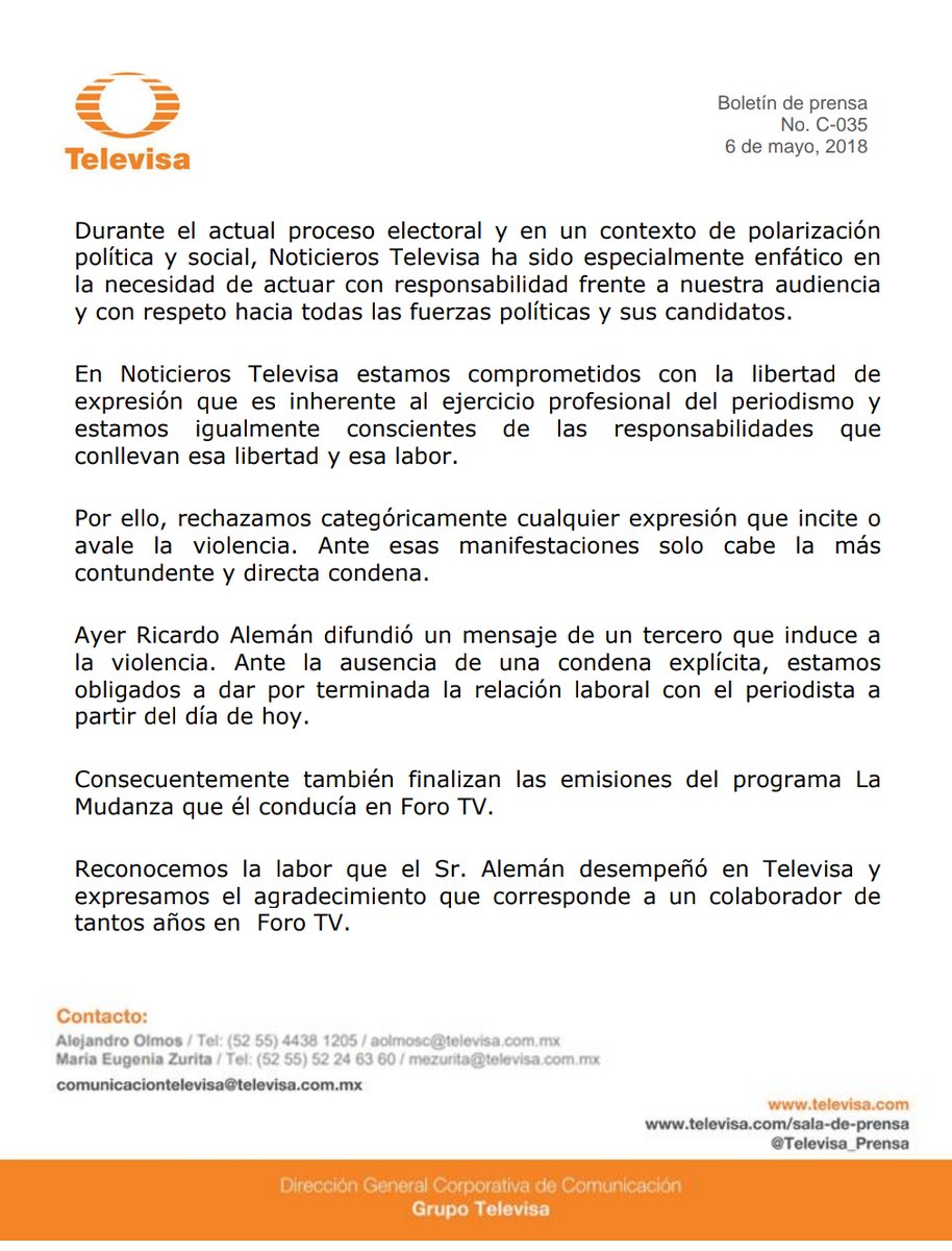 Televisa da por finalizada relación laboral con Ricardo Alemán - comunicado-televisa