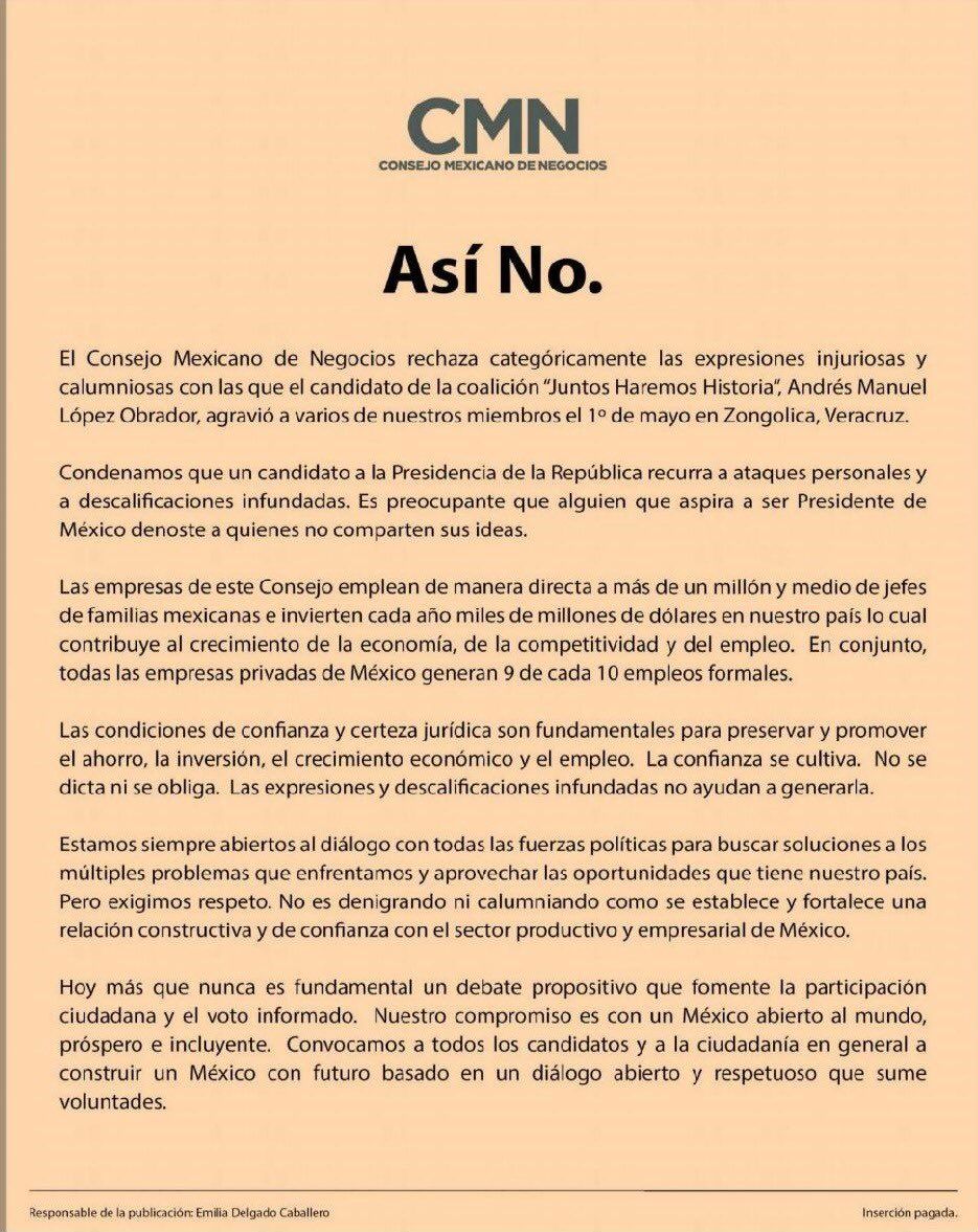Discurso de AMLO no genera condiciones de confianza: empresarios - desplegado-empresarios