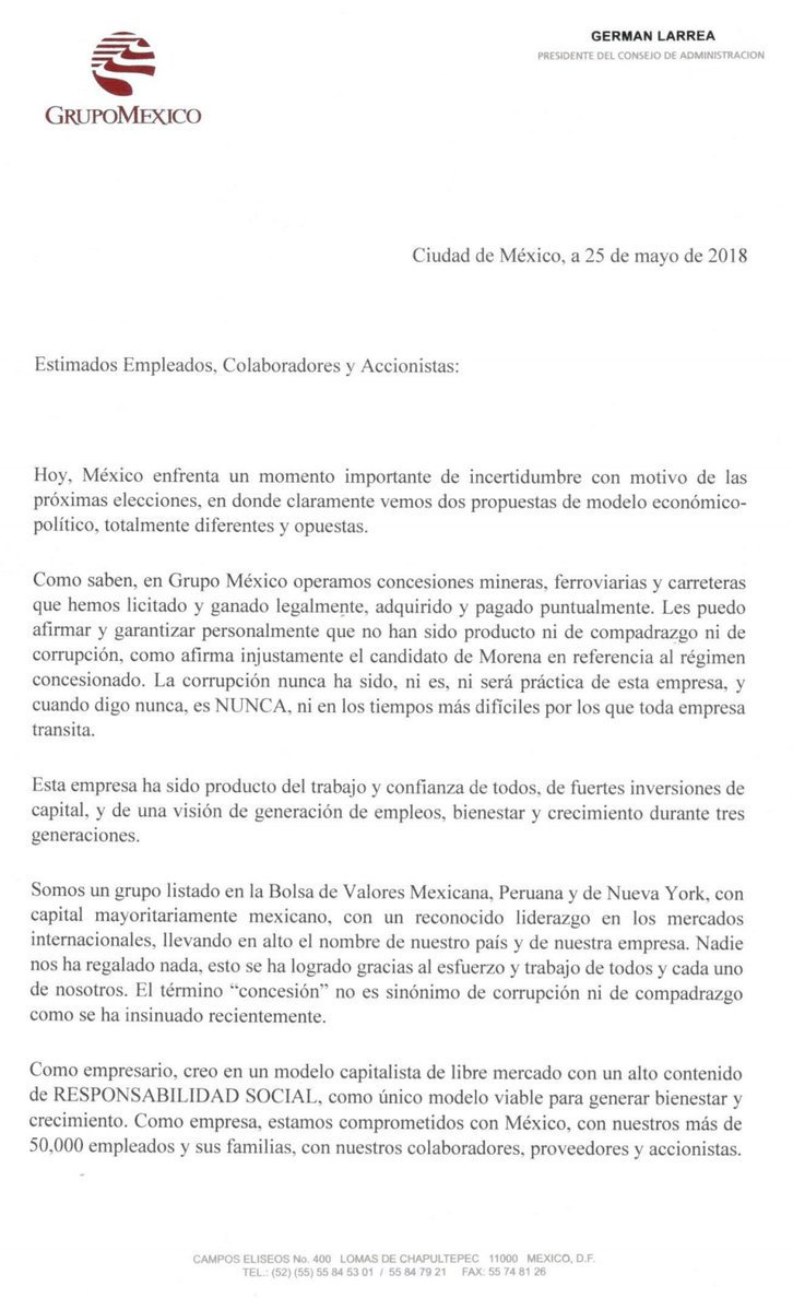 Grupo México llama a empleados a razonar el voto - german-larrea-grupo-mexico-1