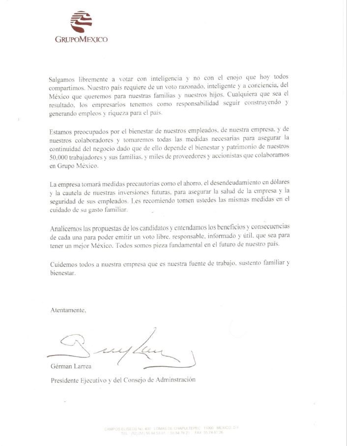 Grupo México llama a empleados a razonar el voto - german-larrea-grupo-mexico-3