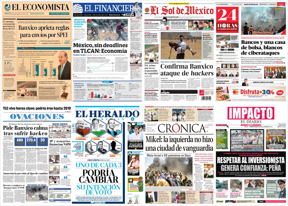Banxico y Gaza en primeras planas - portadas-15-may2