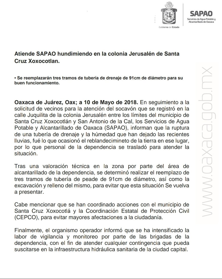 Socavón en Oaxaca pone en peligro viviendas - santa-cruz-xoxocotlan-socavon-oaxaca