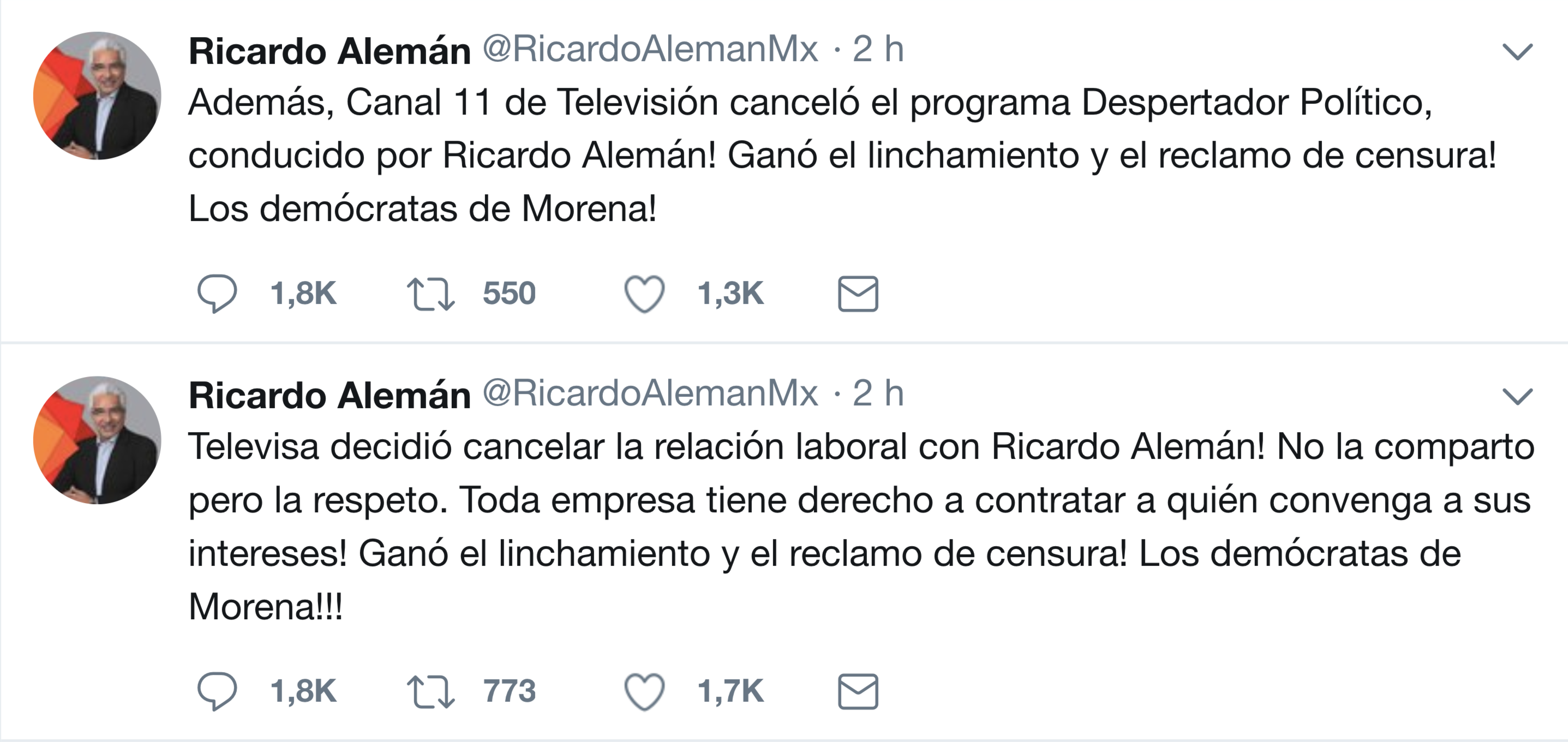 Televisa da por finalizada relación laboral con Ricardo Alemán - tuits-ricardo-aleman