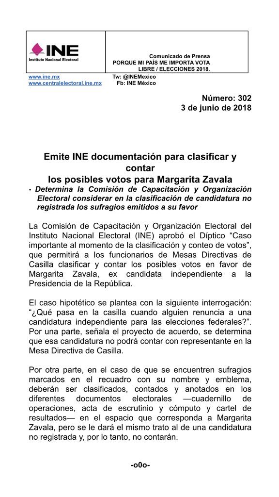 Votos para Margarita Zavala deberán registrarse: INE - comunicado-ine