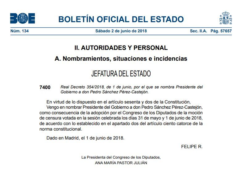 Pedro Sánchez juramenta como presidente del gobierno español - mocion-de-censura-espana-e1527969309345