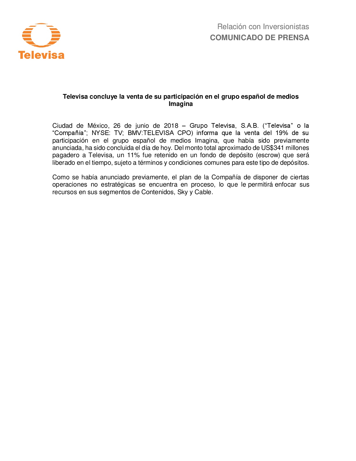 Televisa concluye venta de participación con española Imagina - spapr-imagina-180625-001