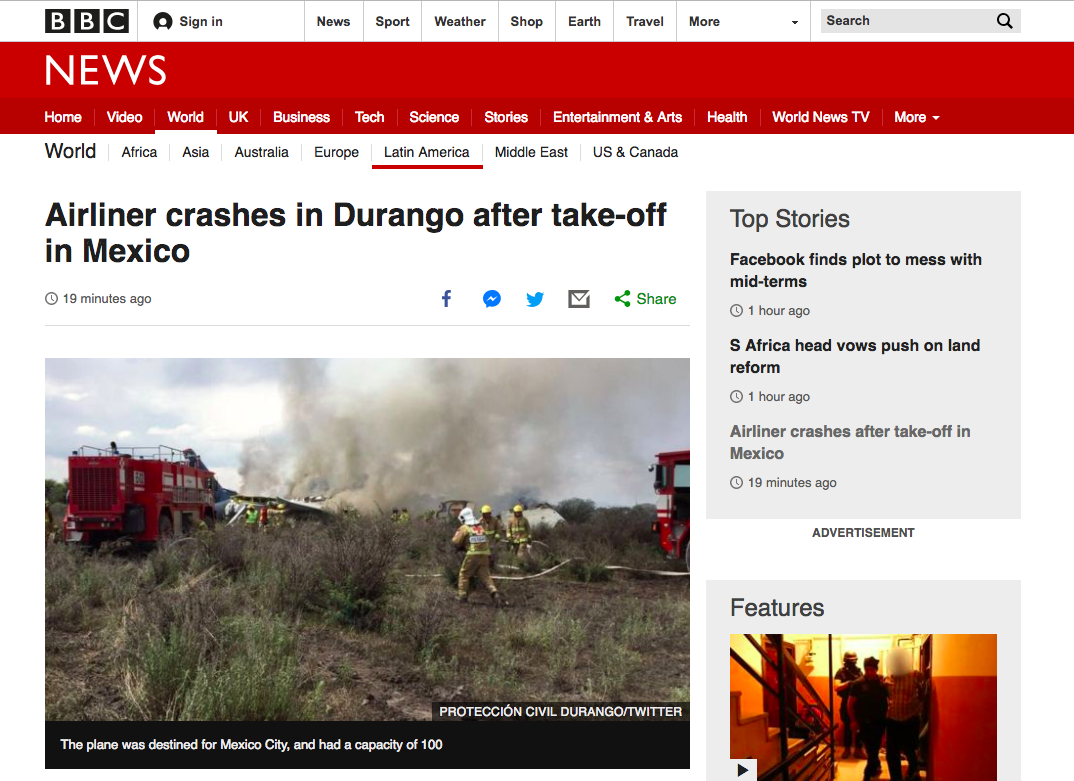 La reacción de los medios internacionales tras accidente aéreo en Durango - accidente-aereo-durango-bbc