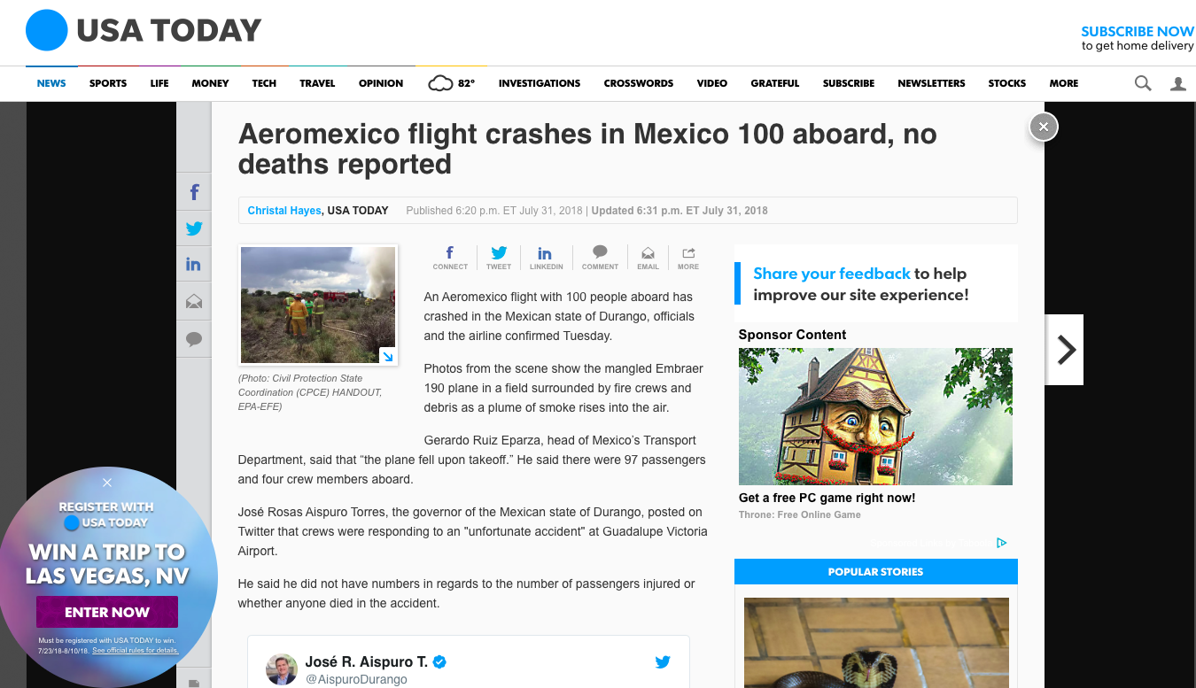 La reacción de los medios internacionales tras accidente aéreo en Durango - accidente-aereo-durango-usa-today