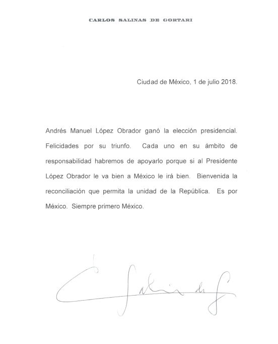 Carlos Salinas de Gortari envía carta de felicitación a AMLO - carlos-salinas-de-gortari-envia-carta-de-felicitacion-a-amlo