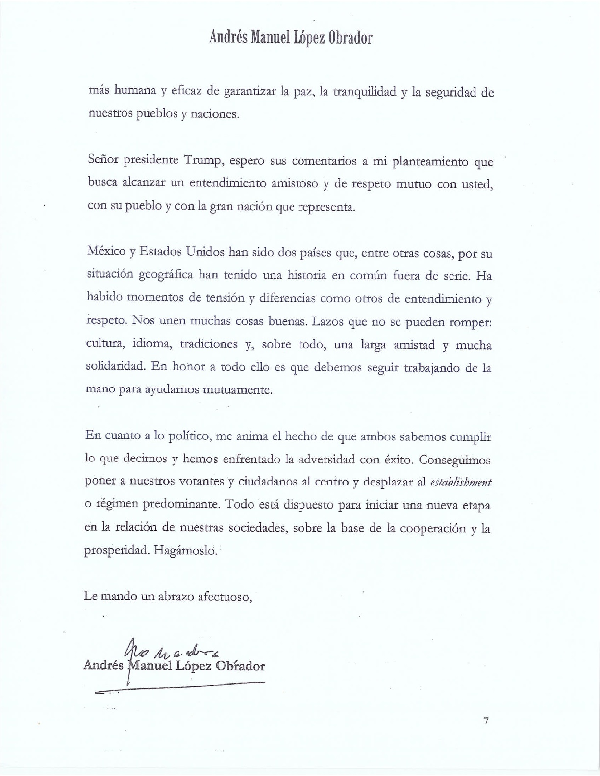 AMLO propone a Trump "iniciar una nueva etapa" en las relaciones bilaterales - carta-firmada-007